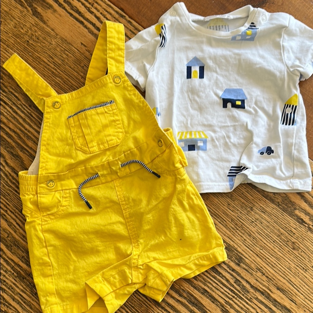 Yellow Overalls and White Graphic Tee Set